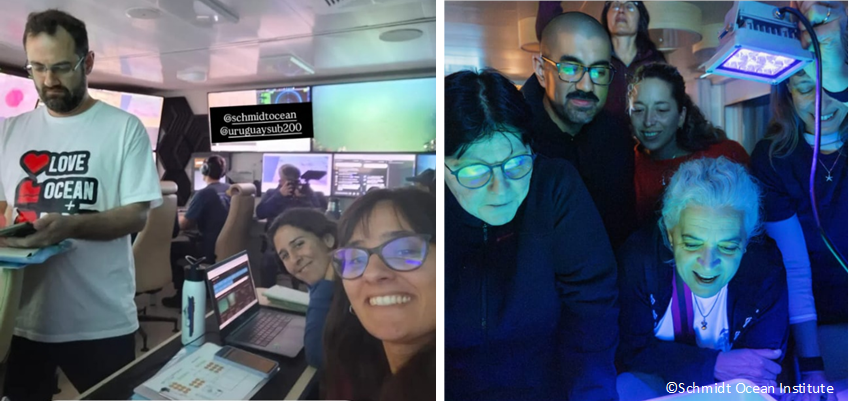 Romina Trinchin (esquina derecha en al primer foto) participo en la campaña “Visualizing the Deep off Uruguay” y Sebastián Cornejo (en la segunda foto) participó de la campaña “A Tale of Two Submarine Canyons”.